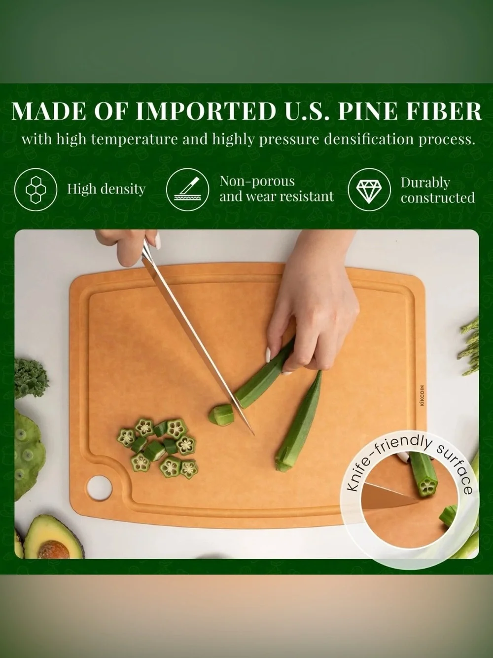 Kikcoin Wood Cutting Board, Cutting Boards for Kitchen Dishwasher Safe Non-sl...